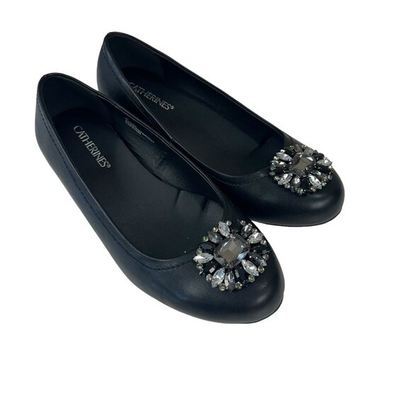 CATHERINES Women's 9 WIDE Black Wedge Slip On Shoes Comfy  Embellishment - Picture 6 of 10